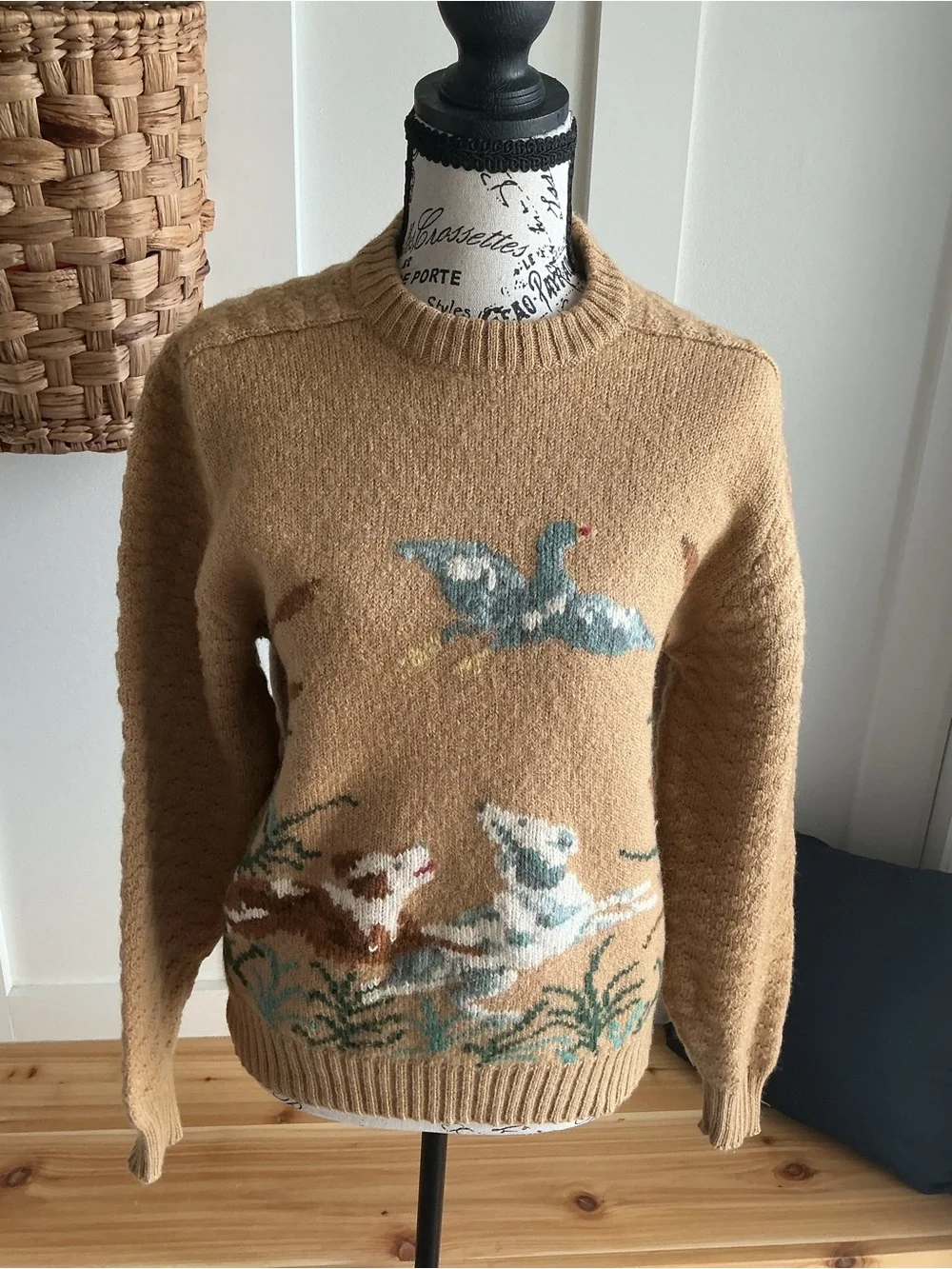 Cozy Beige Crewneck Sweater with Scenic Animal Motif